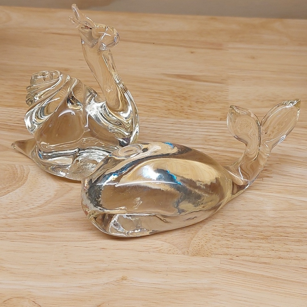 Clear art glass Snail & Whale Paperweight sculptures